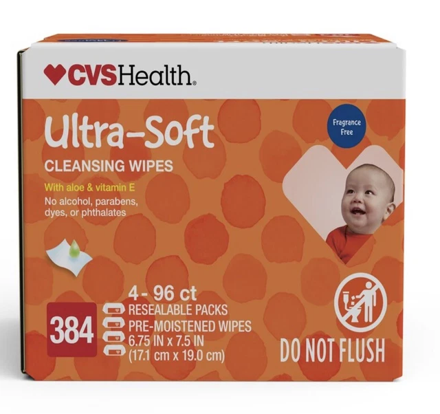 4pk Cvs Baby Adult Wipes Ultra Soft Fragrance Free Cleansing 4x96ct 384 Total