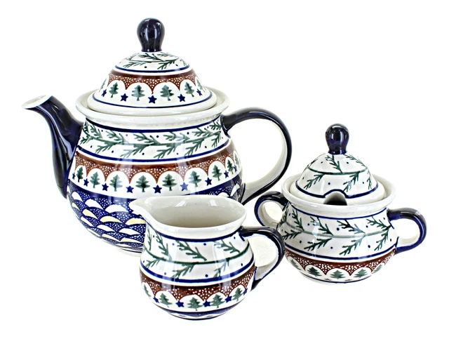 Blue Rose Polish Pottery Evergreen Three Piece Tea Set
