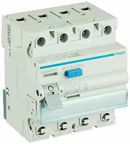 Hager CDS440D Disjoncteur à courant de défaut, 4P, 6 kA, 40 A, 30 mA, type A QC