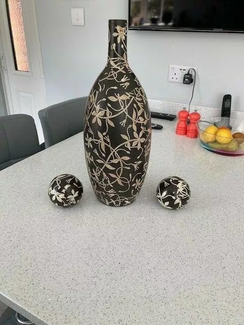 Large Brown and Cream Ceramic Pottery Bottle Type Vase with Ornament shapes