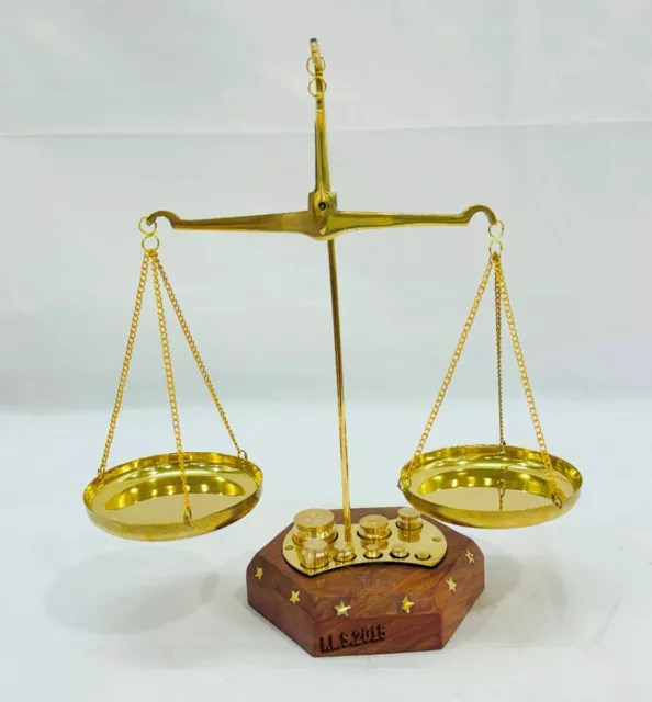 Nautical Brass Polished Balance Scale with Wooden Base with 50 gm coins Weigh
