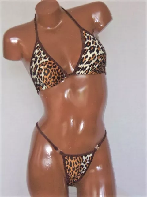 New exotic pole dancer costume 2 piece V back thong bikini A/B cup Leopard