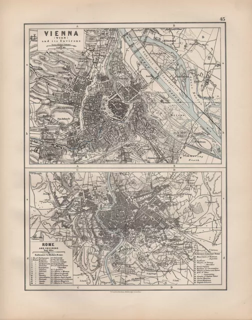 1900 Victorian Map ~ Vienna Wien Environs Town Plan Rome Public Buildings