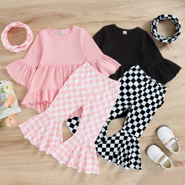 Toddler Baby Girls Outfits Solid Top Plaid Flared Trousers Headband Clothes Set 2
