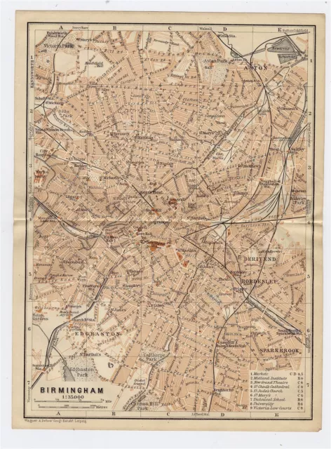 1906 Original Antique City Map Of Birmingham / England