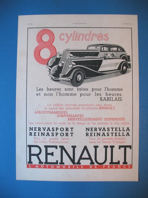 Publicite De Presse Renault 8 Cyl. Gamme Automobile De France French Ad 1934