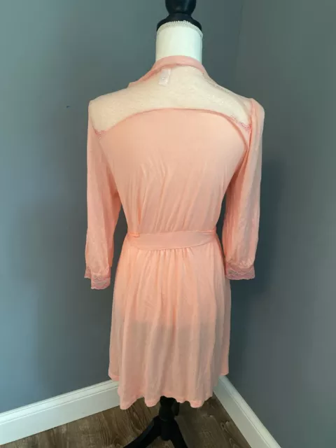 Eberjey Coral Peach Orange Long Sleeve Robe Lace Detail Sz S EUC 2