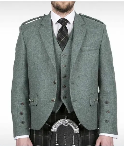 Men's Lovat Green Tweed Wool Argyle kilt Jacket With Waistcoat Wedding Jacket