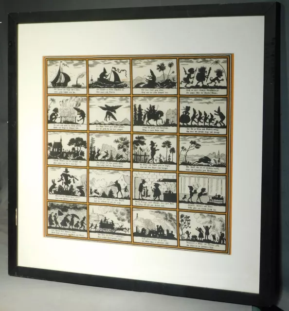 Antique Black Woodcut Style German Fairy Tale Pictures Framed Handkerchief 1920s