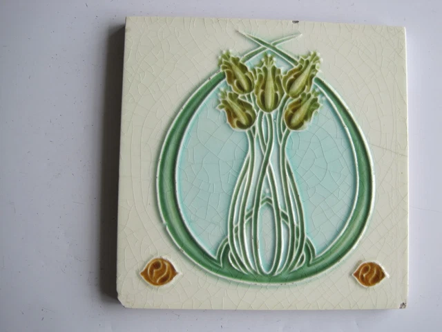 ANTIQUE MAJOLICA GLAZED ART NOUVEAU TILE - H. RICHARDS RD No. 498031 C1907