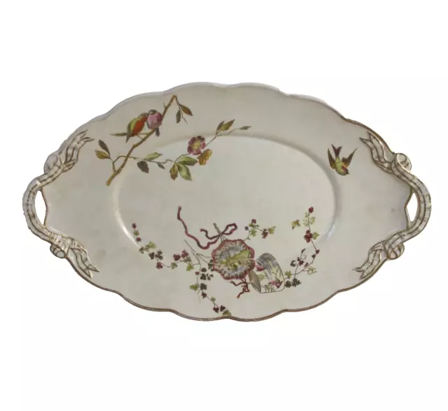 Antique oval serving plate aesthetic movement Powell Bishop Stonier birds flower