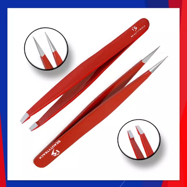 Professional Pointed Slanted Red Tweezers Set For Eyebrows Eyelashes Plucker UK