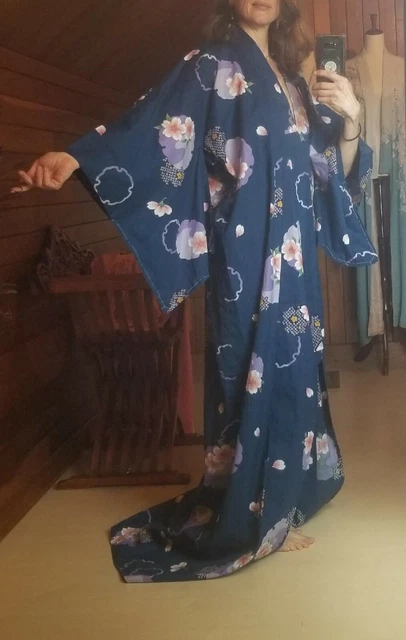 Vintage 1950's 1960's Long Navy Blue Pink Floral Cotton Japanese Furisode Kimono