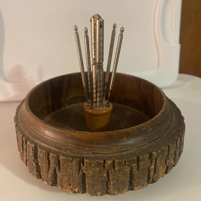 Vintage Retro Tree Bark Wood Nut Bowl Set with Nutcracker & 4 Nut Picks