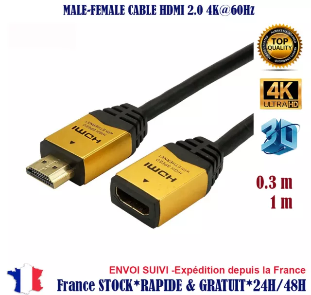 Rallonge HDMI Câble Extension Mâle vers Femelle Câble HDMI 4K 60Hz High  Speed Ethernet 18Gbps HDR 3D ARC - Adaptateur et convertisseur