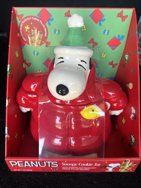 NEW PEANUTS CHRISTMAS Snoopy in Puffer Jacket Cookie Jar With Wafers ...