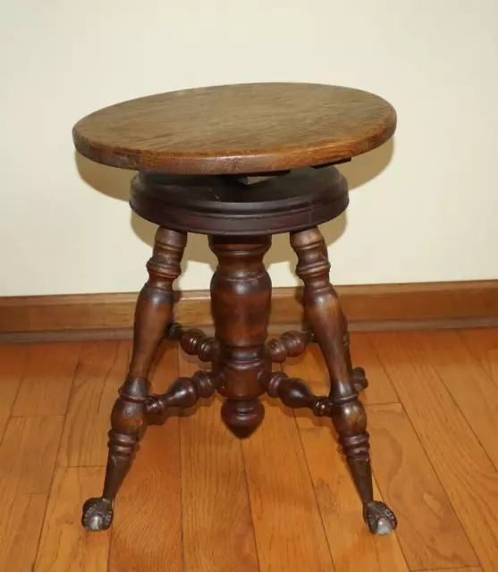 Antique Victorian Piano Organ Wood Stool with Glass Ball Eagle Claw Feet