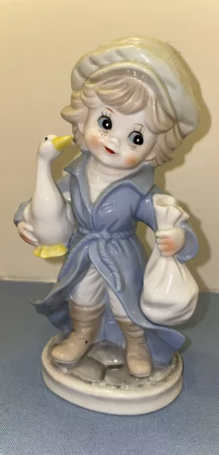 KPM Blue Porcelain Cute Figurine Boy With White Goose EUC