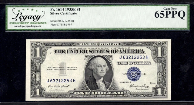 UNITED STATES 1935E $1 Silver Certificate. FR#: 1614. Legacy Graded: 65 PPQ. GEM
