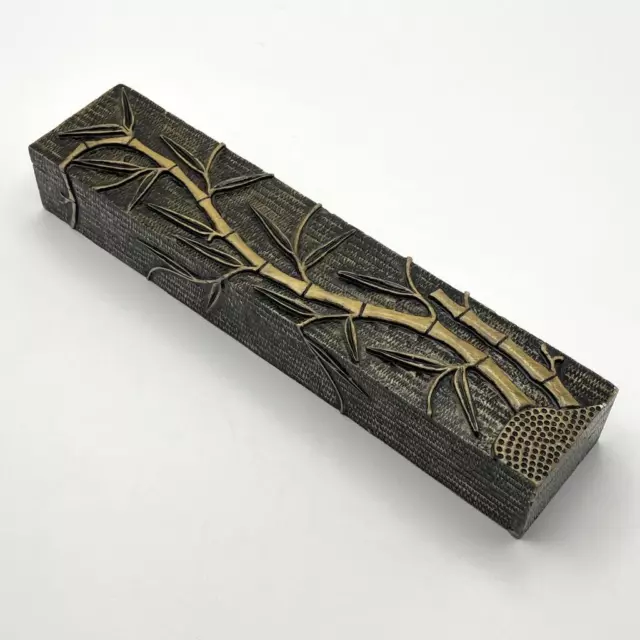 Long Rectangular Carved Stone Lidded Box Lacquered Black & Gold Bamboo