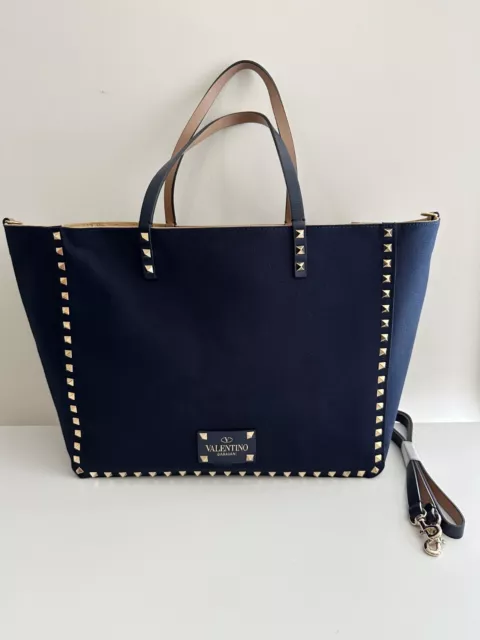 VALENTINO Garavani Rockstud Medium Reversible Canvas Tote in Navy Beige