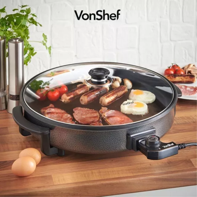 VonShef  Round Multi Cooker with Glass Lid 6L Large 42cm Black