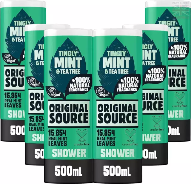Original Source Mint & Tea Tree Shower Gel, Large Vegan Shower Gel 6 x 500ml