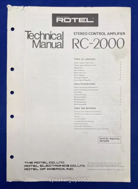 Original Rotel RC-2000 Stereo Control Amplifier Technical Manual