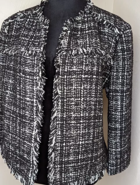 Nine West Women’s Black & White tweed fringe cropped jacket Size 14 3/4 sleeves