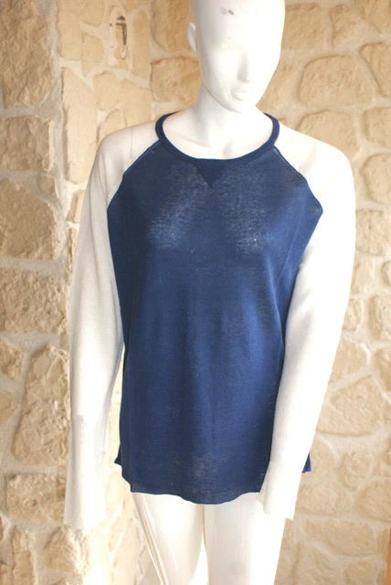Pull Bleu Col V Terry Lane Femme XL – 100% Lin Boutonné Neuf