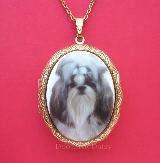 Porcelain SHIH TZU DOG CAMEO Goldtone Locket Pendant Necklace for Christmas Gift