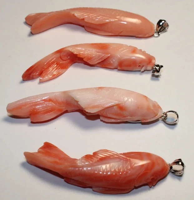 Lot Of 4 Antiques Precious Angel Skin Coral Koi Fish Pendants Estate Chinese