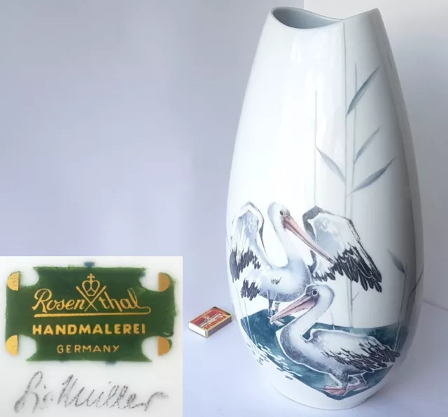 XL Rosenthal Porcelain Vase Pelican Hand Painting Signed Lis Müller Um 1950 O276