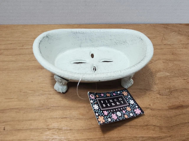 NWT Finch Berry Soapery Farmhouse Shabby Chic White Cast Iron Bathtub Soap Dish