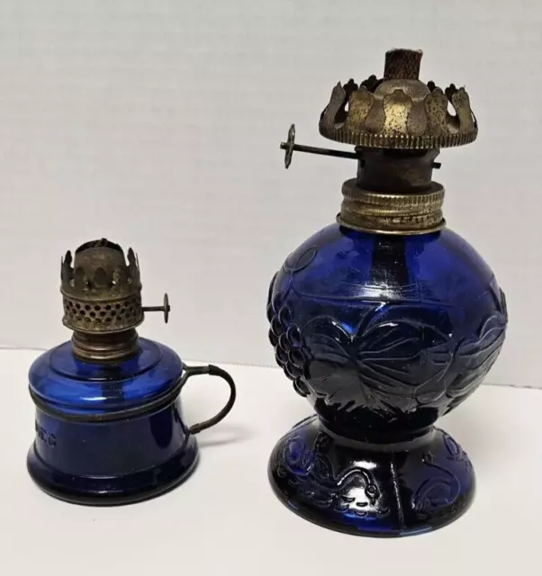 Lot Of 2 Cobalt Blue Oil Lamps Nutmeg & Grapevine With Swans Antique Glass