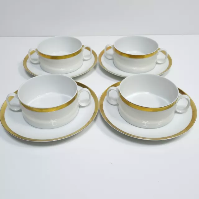 Thomas of Germany Medallion Soup Cups & Saucers Gold Band Double Handle x 4