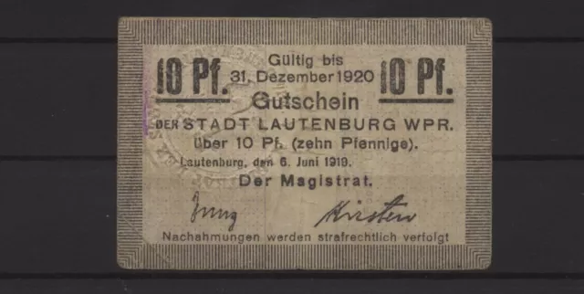 [19662] - NOTGELD LAUTENBURG (heute: Lidzbark), Stadt, 10 Pf, 06.06.1919, Tieste