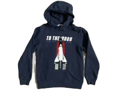 H&M Hoodie Size 6-8Y Pullover Navy Blue Sequins Rocket Design Boys Youth