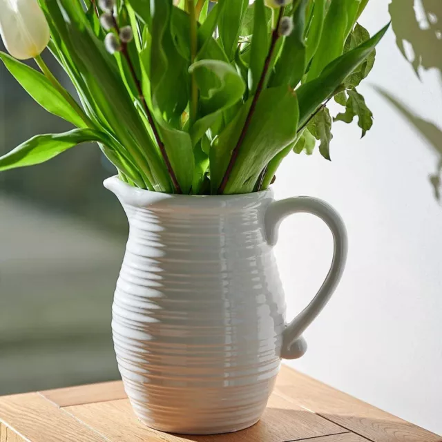 White Lined Milk Jug Vase Flower Ceramic Wedding Vintage Home 19Cm