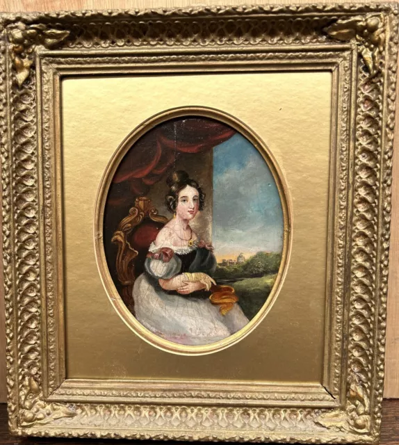 19thCen. Portrait of a Lady with a Castle in the background Antique oil painting