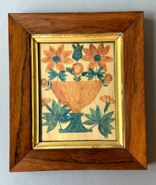 ANTIQUE 19th Century PRIMITIVE PAINTING Watercolor FRAKTUR Basket of Flowers