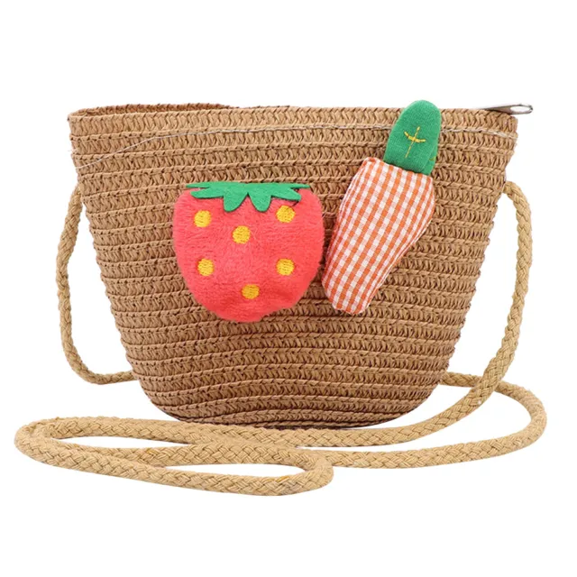 fr Summer Kids Girls Straw Shoulder Bag Strawberry Sun Hat Coin Purse (Khaki)