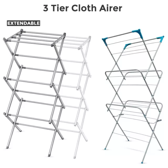Extendable Clothes Airer Dryer 3 Tier Metal Laundry Drying Rack Indoor Outdoor
