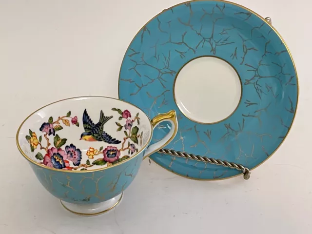 AYNSLEY Pembroke tea cup saucer teal blue gold bird floral England fine china