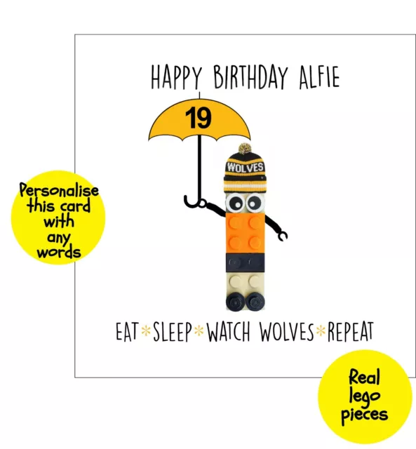 WOLVES LEGO football club brick greetings Card Birthday personalised WANDERERS