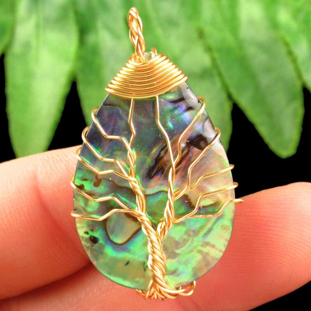 Natural Abalone Shell Wire Wrap Teardrop Tree Life Pendant Bead B66768