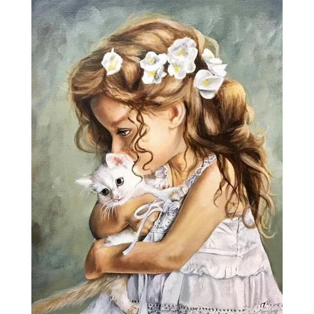 Kit de pintura al óleo por números para niña con gato hágalo usted mismo pintura acrílica (B1202)