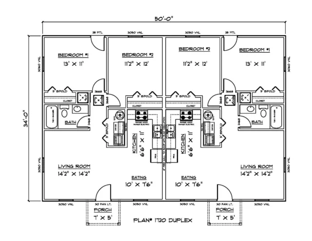 PDF de plano de casa para dúplex asequible 1700 cuadrado pies
