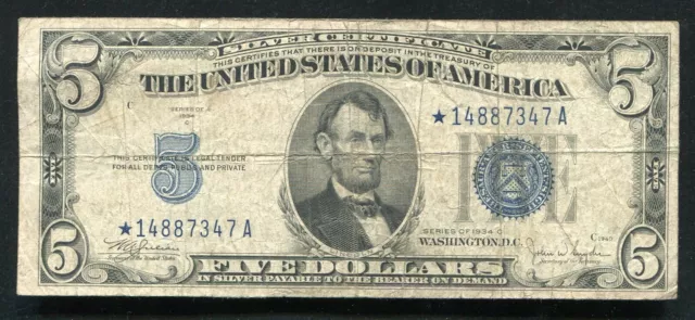 Fr.1653* 1934-C $5 Five Dollars *Star*Blue Seal Silver Certificate Currency Note