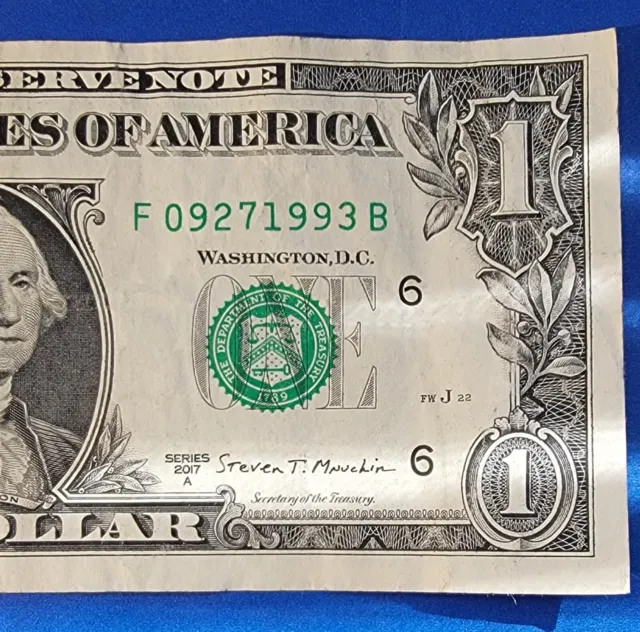 fancy serial number 2017A One Dollar Note BIRTHDAY OR ANNIVERSADY  SEPT. 27 1993